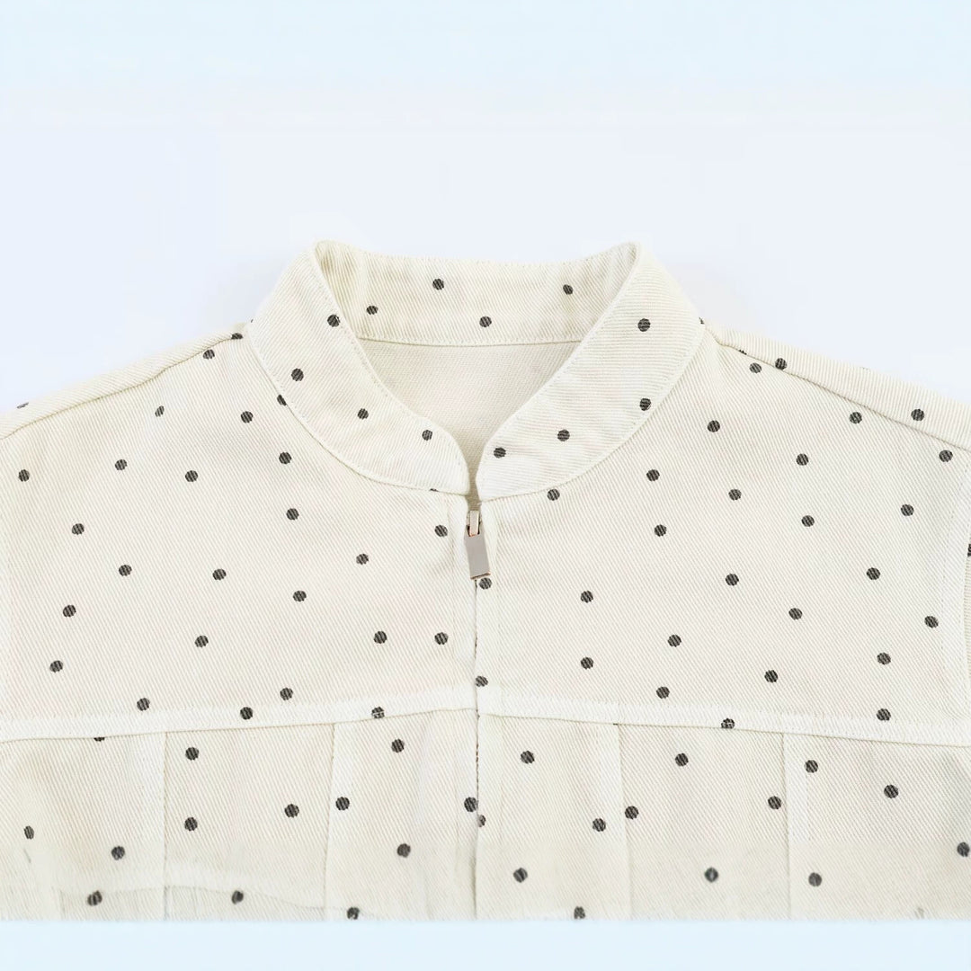 Women Dotted Cropped Jacket with Stand Collar, Zip and Patch Pockets Mune Fashion