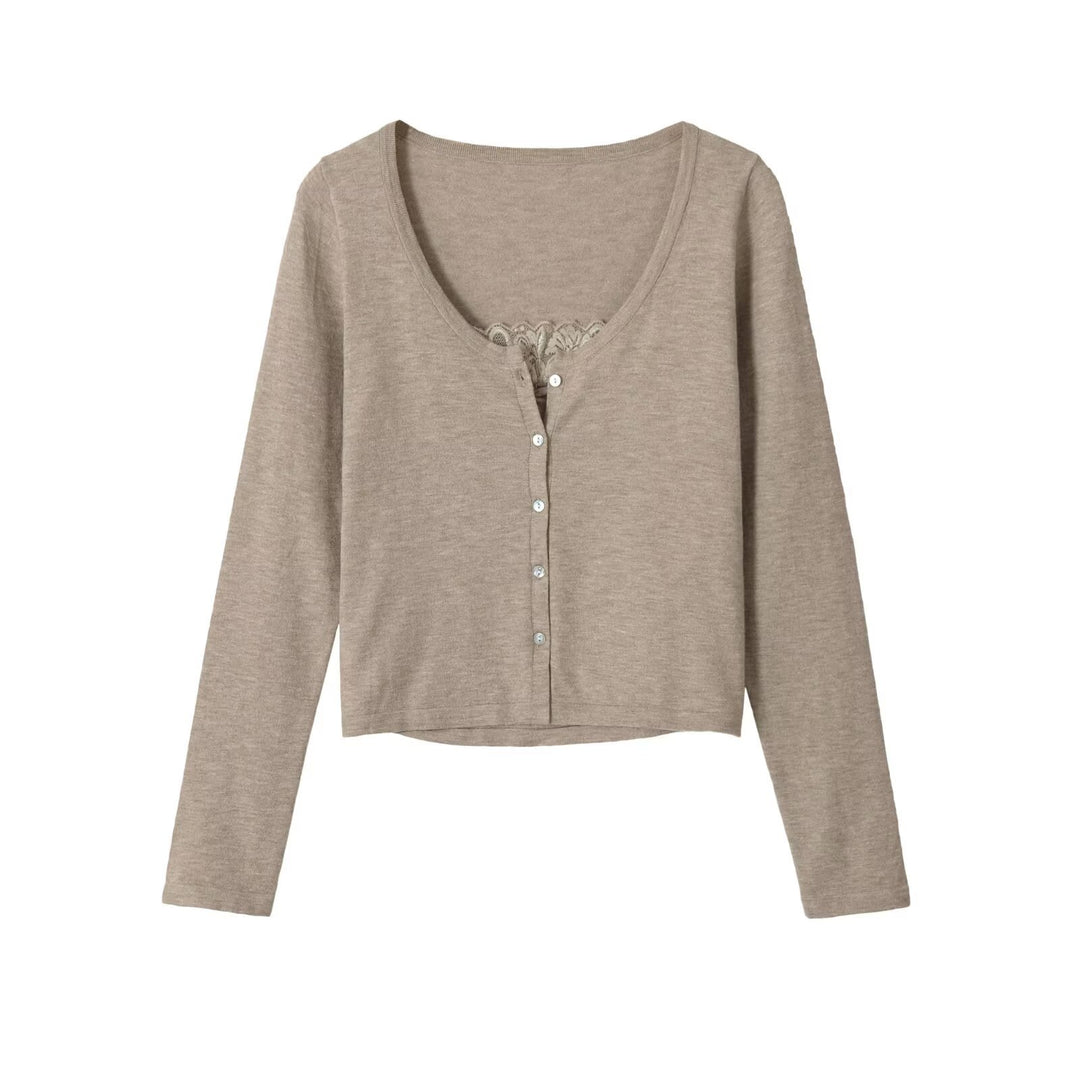 Women's short cardigan made of fine knit with V-neck, button placket, and lace insert Mune Fashion