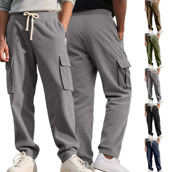 Men's casual utility cargo joggers with vertical ribbed structure, drawstring waistband, and large flap pockets Mune Fashion