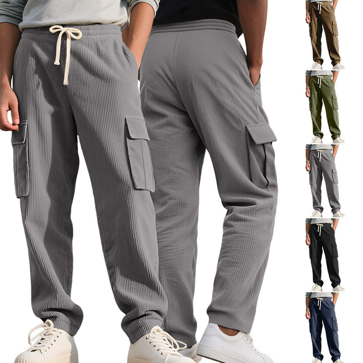 Men's casual utility cargo joggers with vertical ribbed structure, drawstring waistband, and large flap pockets Mune Fashion