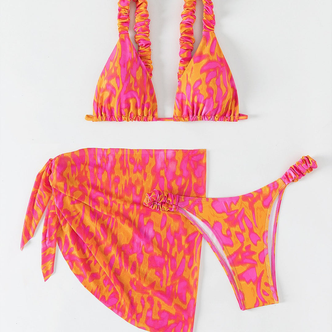 Women's Triangle Bikini Set with Ruffle Details and Trendy Wrap Tunic Mune Fashion