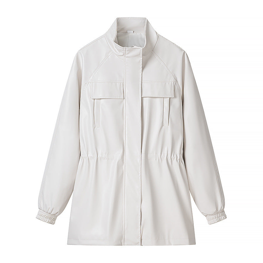 Women Faux Leather Parka with Drawstring Waist, Stand Collar and Flap Pockets Mune Fashion