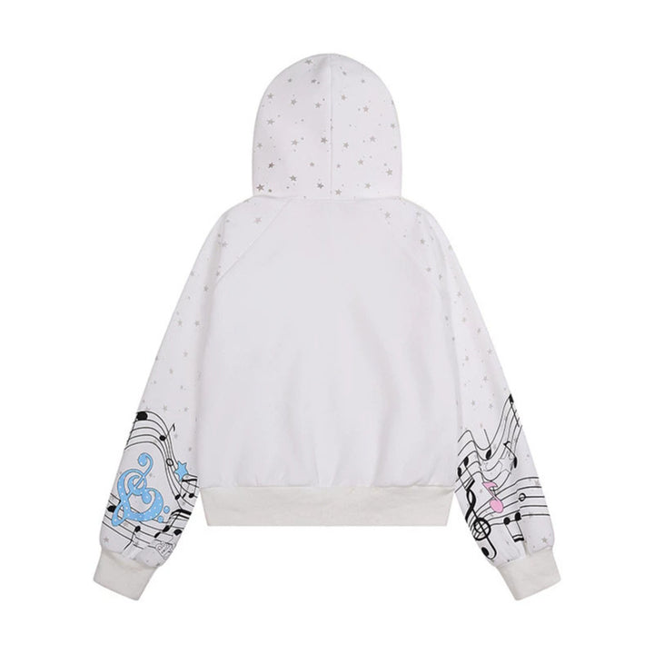 Women's Hooded Sweat Jacket with Front Zipper, Musical Print and Star Design Mune Fashion