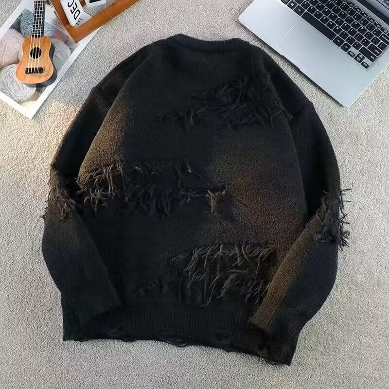 Unisex Oversized Round Neck Sweater with Destroyed Fringes and Ribbed Collar Mune Fashion