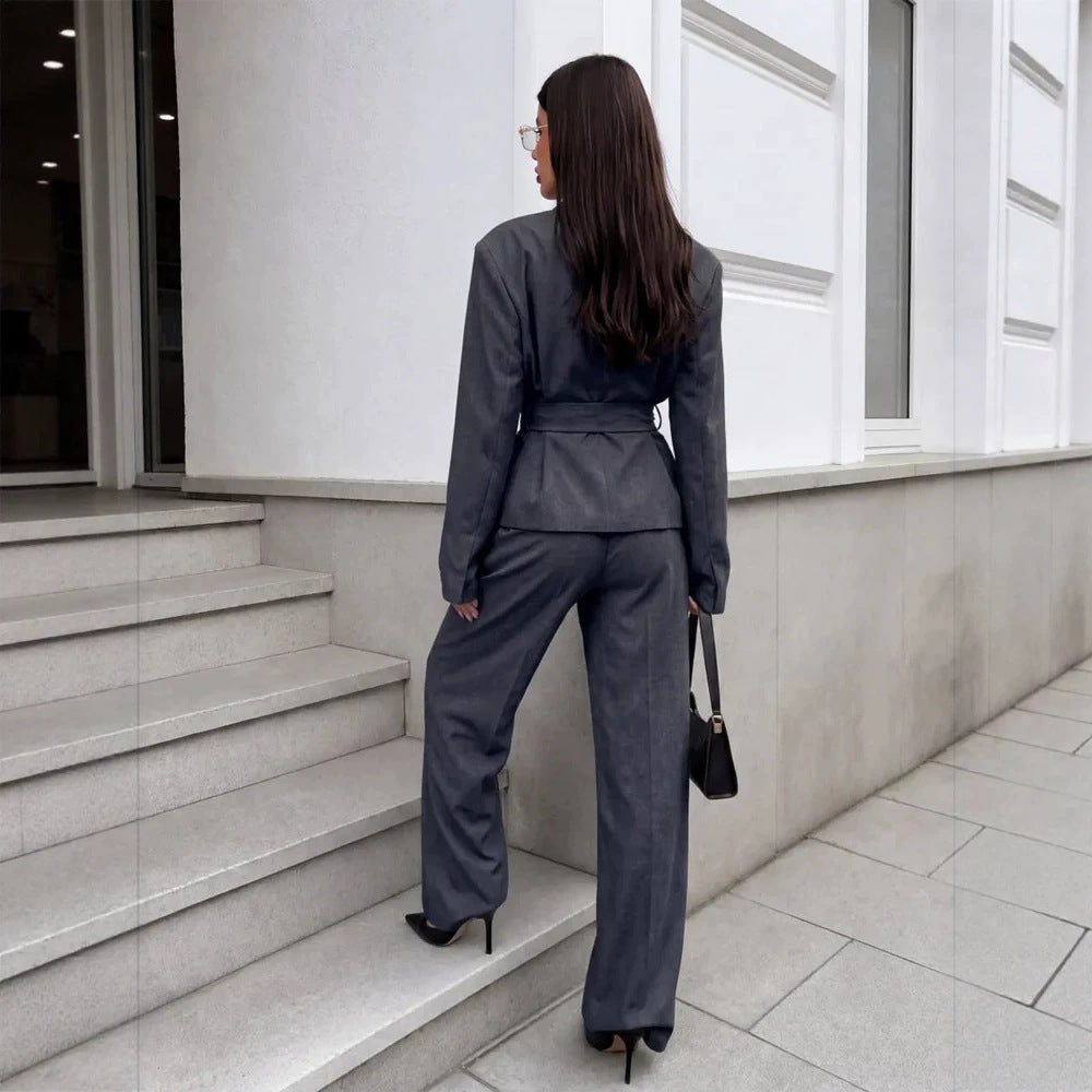 Women's Elegant Wrap Blazer Set with Waist Belt and Wide Pleated Trousers Mune Fashion