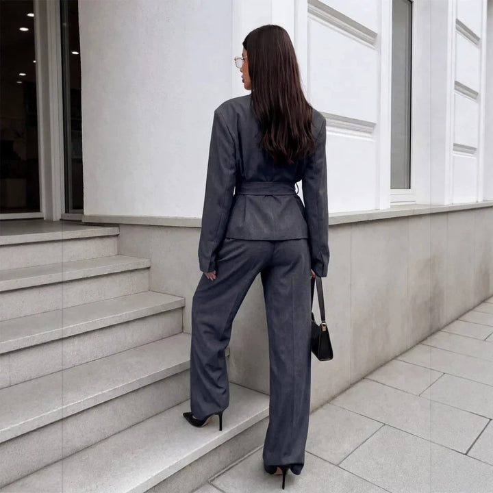Women's Elegant Wrap Blazer Set with Waist Belt and Wide Pleated Trousers Mune Fashion