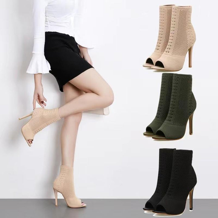 Ladies knitted peeptoe ankle boots with elastic shaft, padded insole, and narrow stiletto heel Mune Fashion