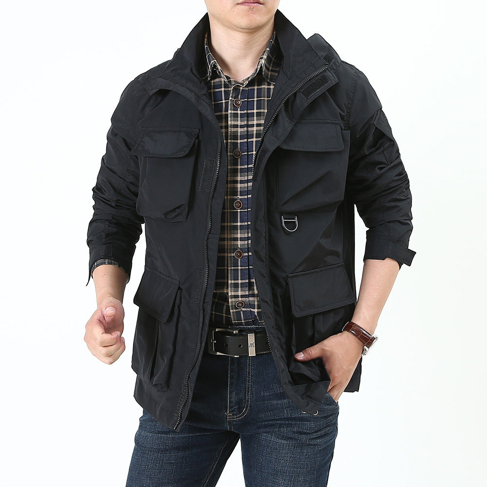Men's urban field jacket with multiple pockets, wind-resistant surface and concealed hood Mune Fashion