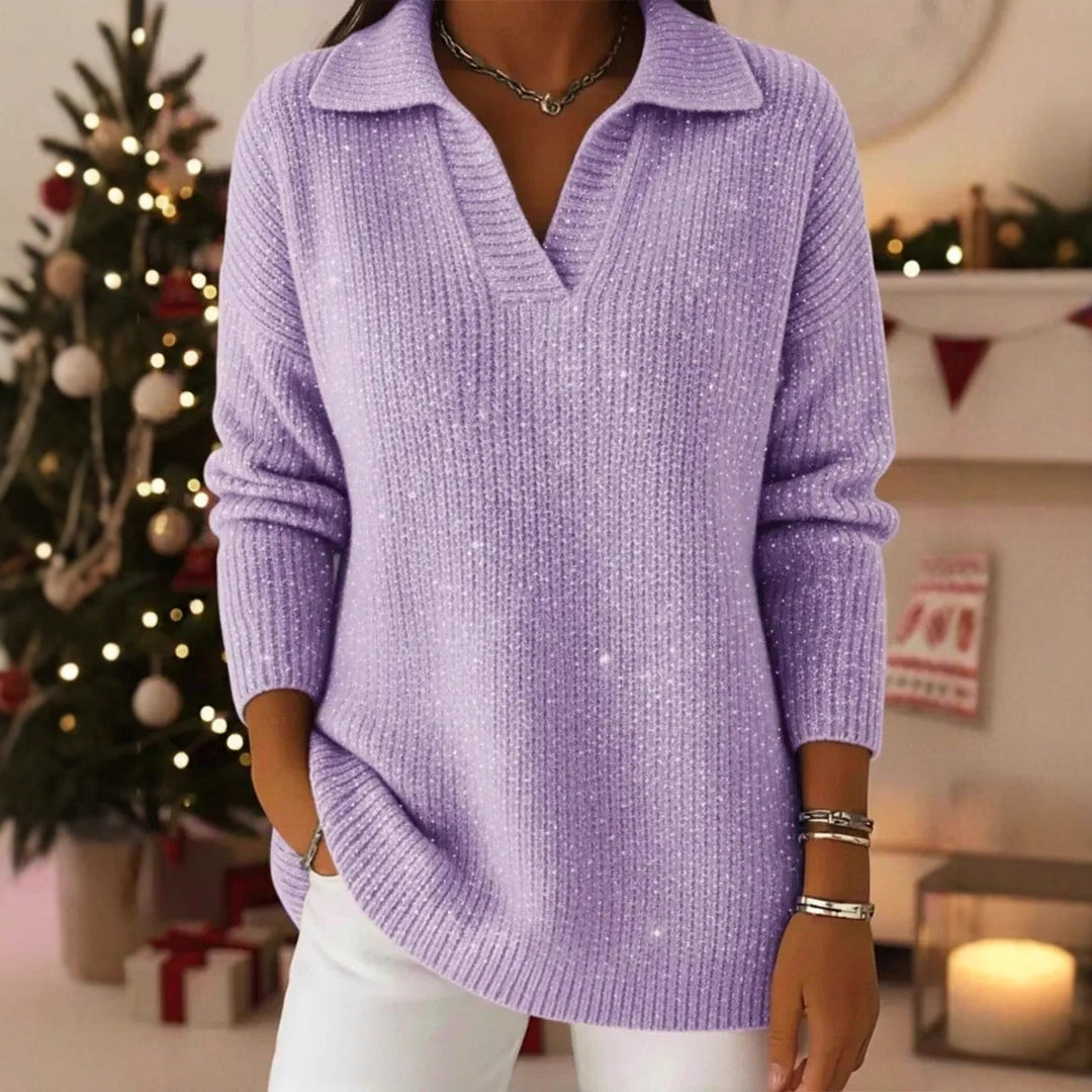 Women Elegant V-Pullover with Shiny Accents