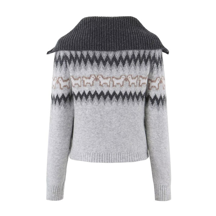 Women's Knitted Zip Cardigan with Norwegian Pattern and Extra Wide Turn-Down Collar Mune Fashion
