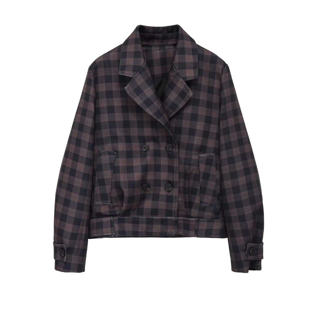 Women's Short Double-Breasted Jacket in Checked Design with Notched Collar and Waistband Mune Fashion
