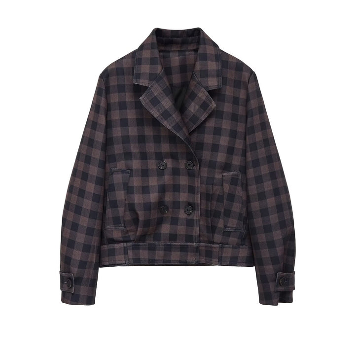 Women's Short Double-Breasted Jacket in Checked Design with Notched Collar and Waistband Mune Fashion