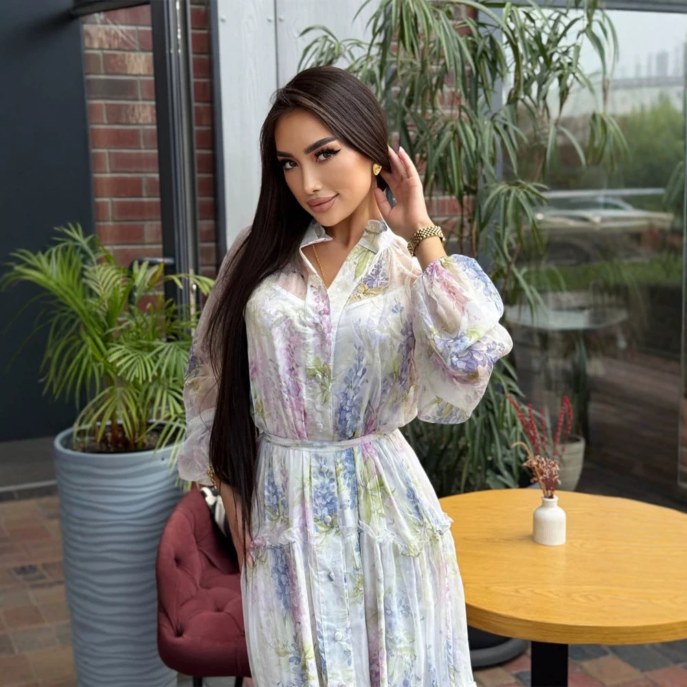 Women's Long Chiffon Tiered Maxi Dress with Ruffles & Delicate Flower Print Mune Fashion