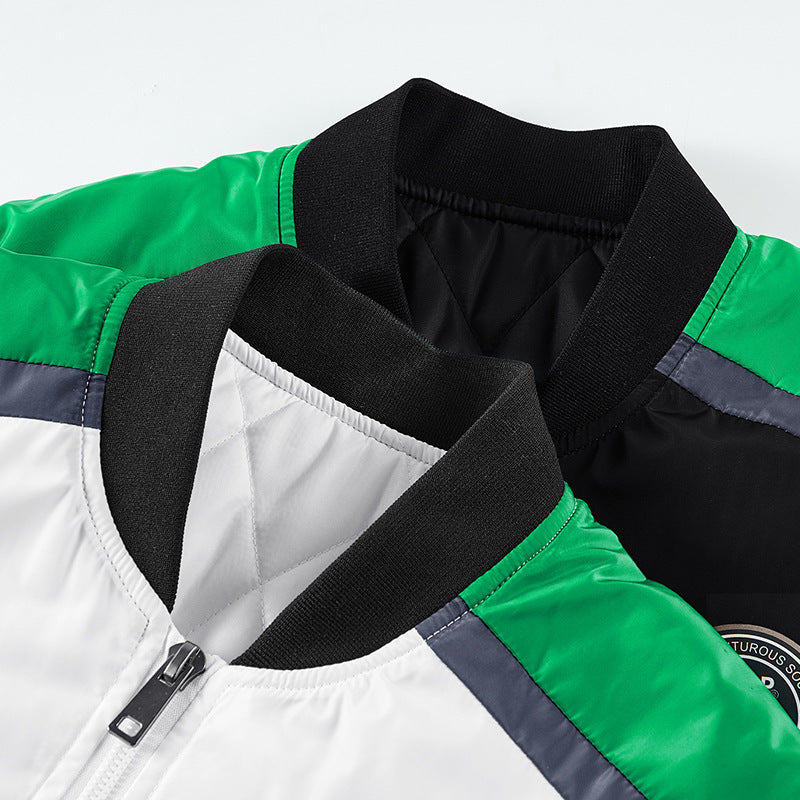Men's Short Cut Nylon Bomber Jacket with Sporty Shoulder Piping, Logo Applications and Double Zipper Mune Fashion