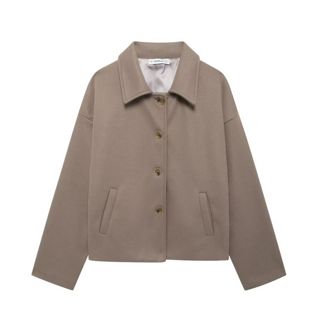 Women's short casual wool jacket with shirt collar, full button placket, and inset side pockets Mune Fashion