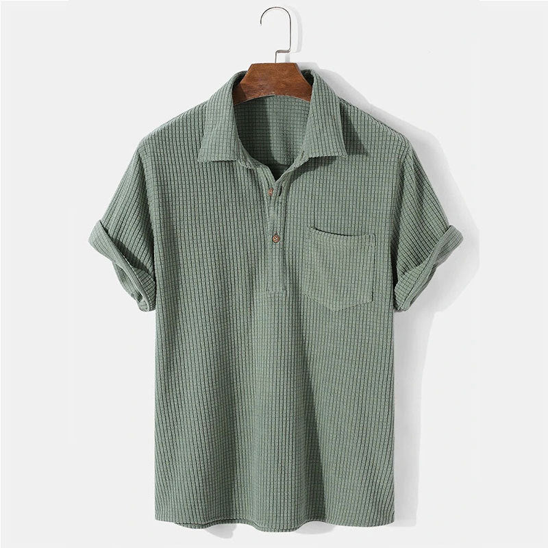 Men's waffle knit polo with shirt collar, short button placket and chest pocket Mune Fashion