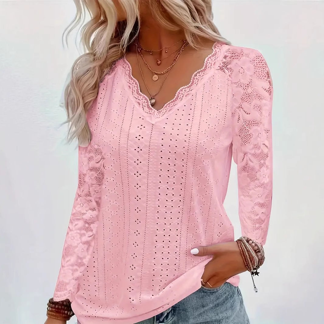 Women's long sleeve blouse made of lace embroidery with lace V-neck and floral mesh sleeve Drune