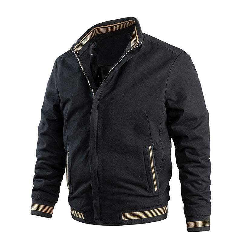 Men's Lightweight Cotton Bomber Jacket with Striped Ribbed Cuffs and Hidden Zip Front Mune Fashion