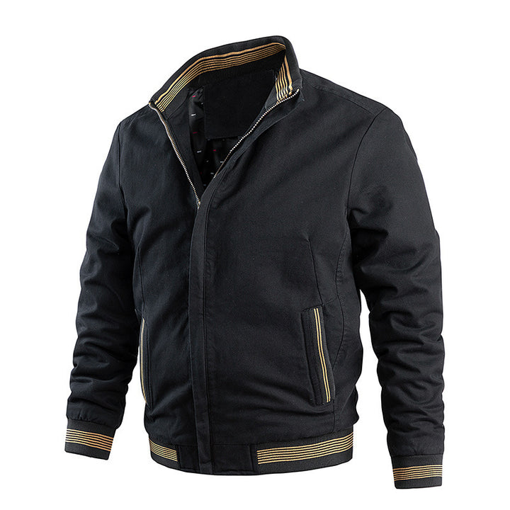 Men's Lightweight Cotton Bomber Jacket with Striped Ribbed Cuffs and Hidden Zip Front Mune Fashion