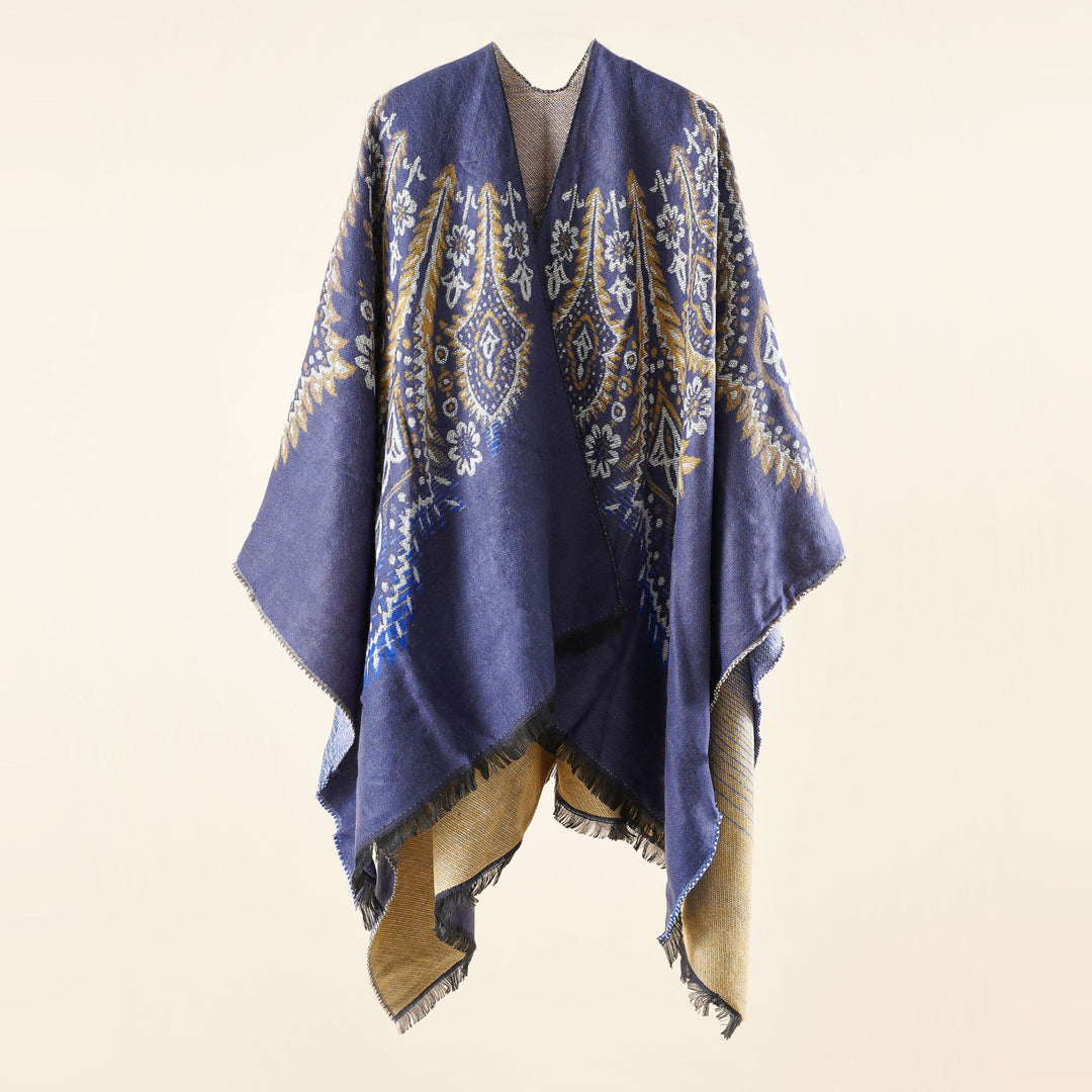 Ladies Reversible Jacquard Wrap Poncho in Oversized Kaftan with Fringe Hem Mune Fashion
