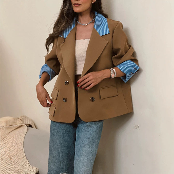 Women Oversized Double-Breasted Blazer with Contrast Collar & Cuffed Sleeves Mune Fashion