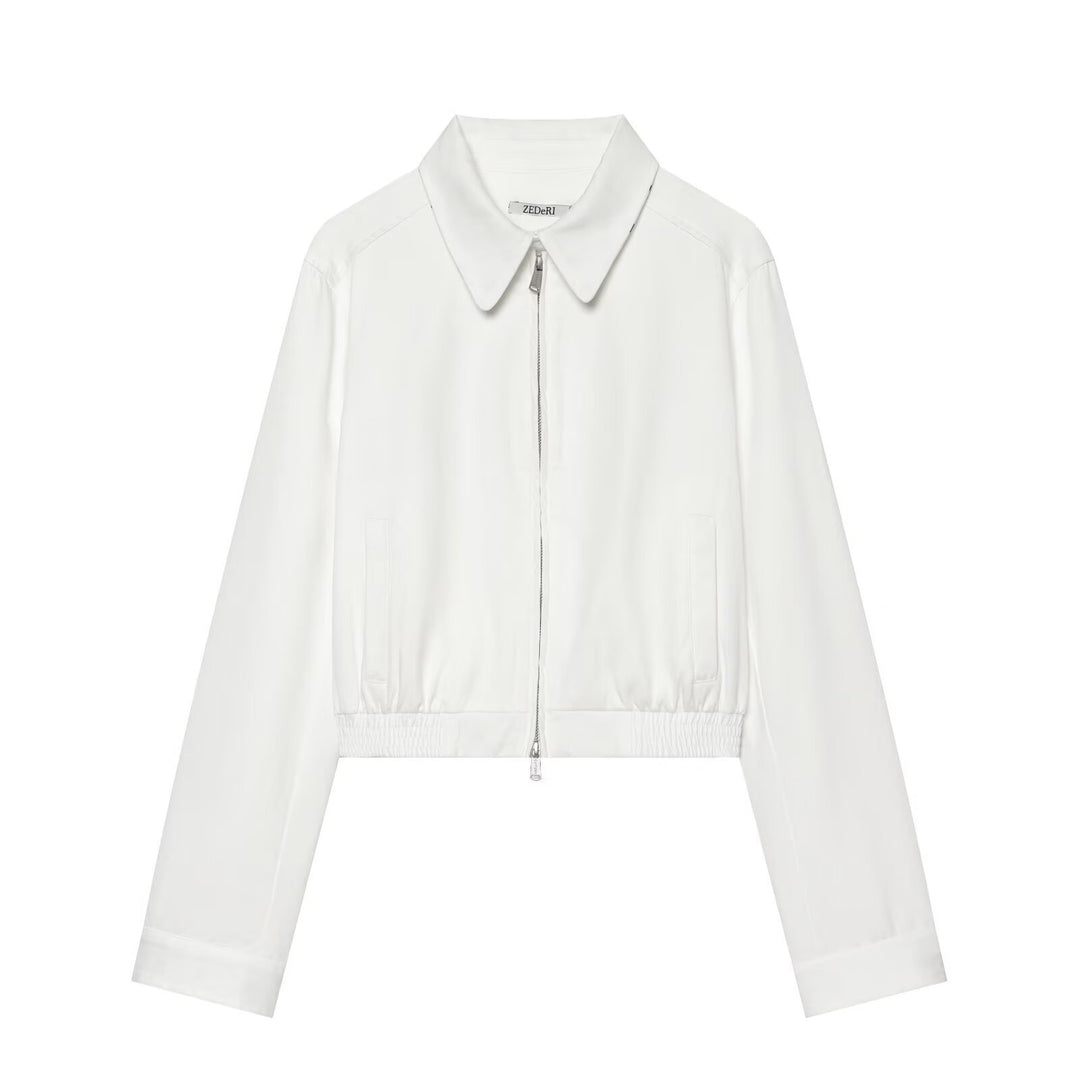 Women's Cropped Blouson Jacket with Shirt Collar, Two-Way Zipper and Elastic Waist Mune Fashion
