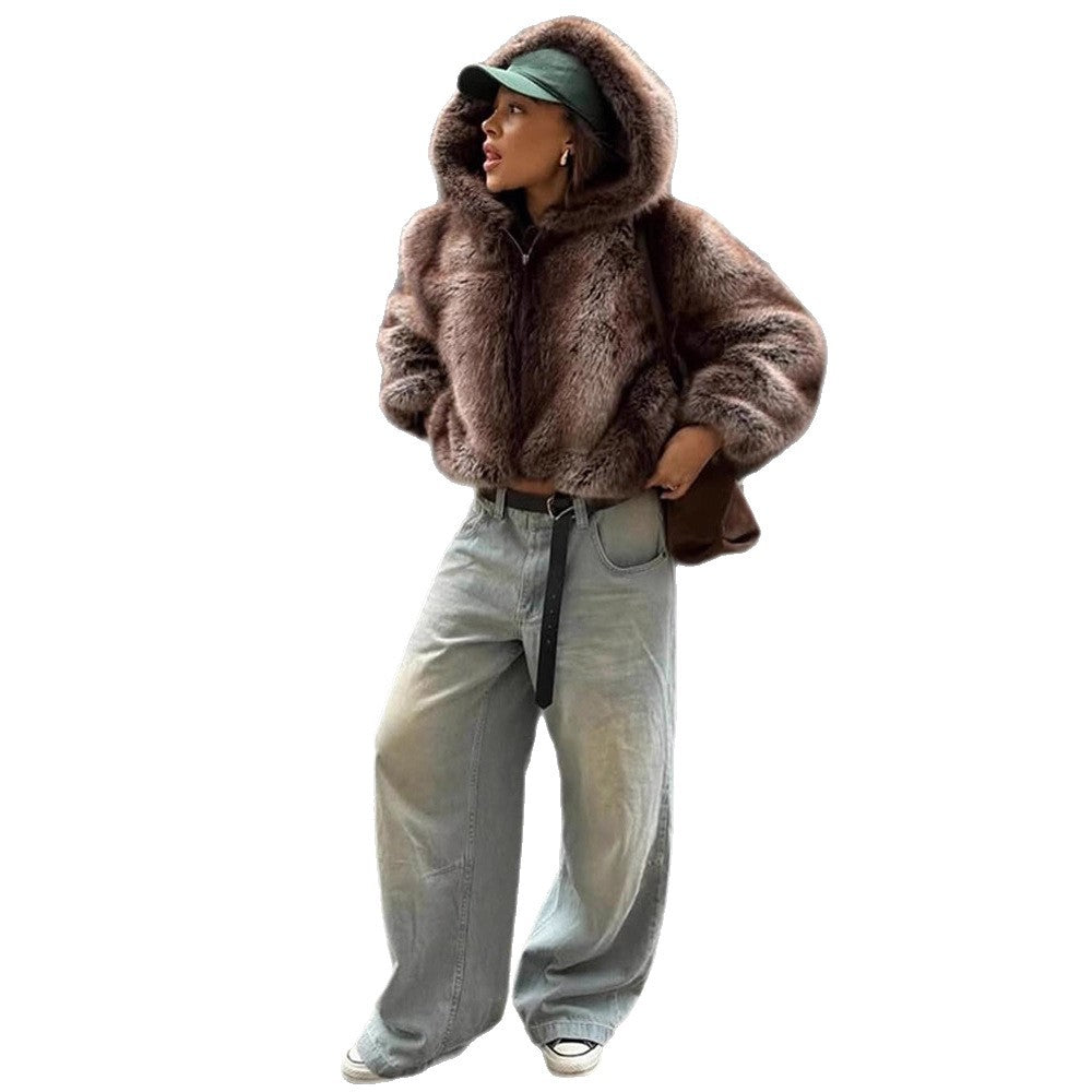 Women's Boxy Faux Fur Hoodie with Voluminous Hood and Loose Silhouette Mune Fashion