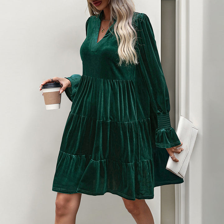 Women's velvet tiered dress with V-neck, gathered yoke, and balloon sleeves Mune Fashion