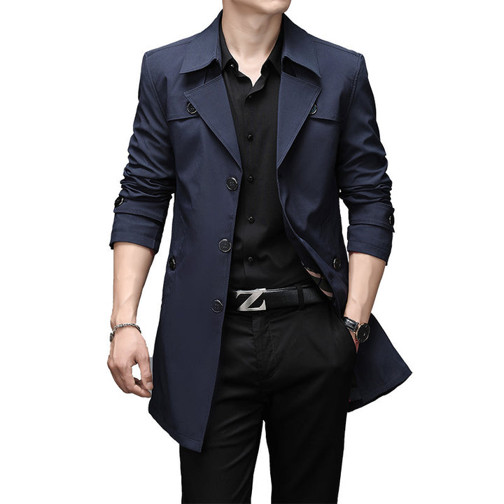 Men's Slim Fit Trench Coat with Lapel Collar and Subtle Button Placket Mune Fashion