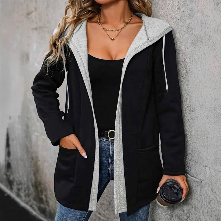 Women's Long Hooded Cardigan with Contrasting Trim, Drawstring and Pockets Drune
