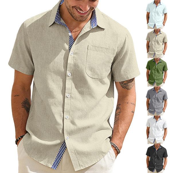 Men's Business Casual Short Sleeve Shirt with Striped Collar Lining and Chest Pocket Mune Fashion