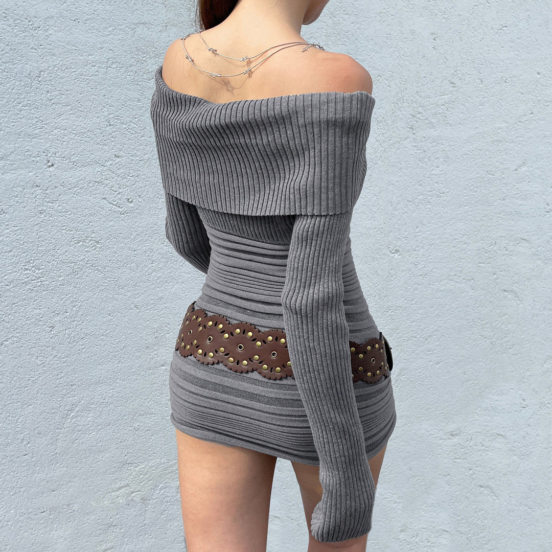 Women's off-shoulder bodycon rib knit dress with wrap collar, vertical gathering and long sleeves Mune Fashion