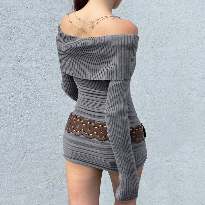 Women's off-shoulder bodycon rib knit dress with wrap collar, vertical gathering and long sleeves Mune Fashion