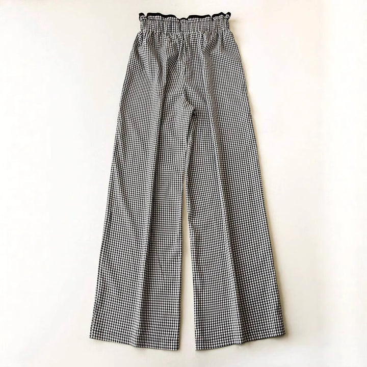 Women's wide Vichy pants with high smocked waist, drawstring, and patch pockets