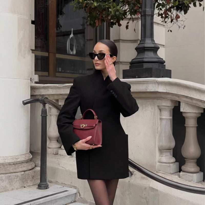 Women's tailored blazer dress coat with stand collar, distinctive shoulder shape, and patch pockets Mune Fashion
