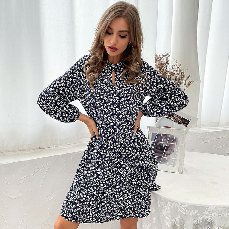 Women Layered Minidress with Stand-up Collar, Floral Print and Fitted A-Line Cut