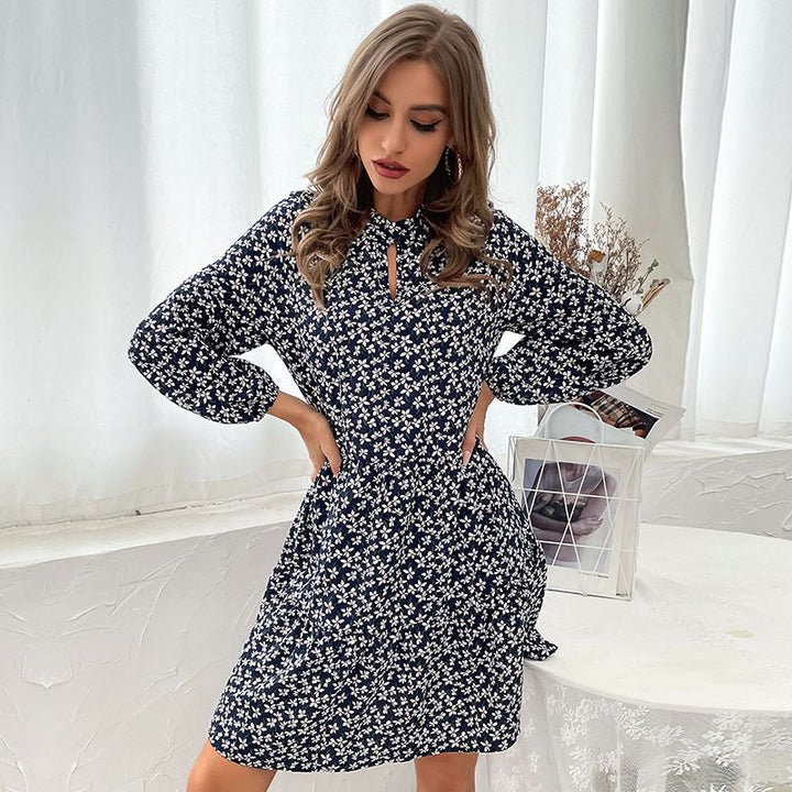 Women Layered Minidress with Stand-up Collar, Floral Print and Fitted A-Line Cut
