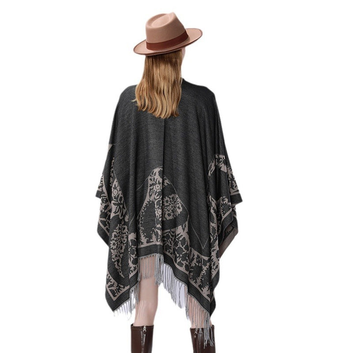 Women's Oversize Cloak Poncho with Floral Medallion Jacquard and Fringe Hem Mune Fashion