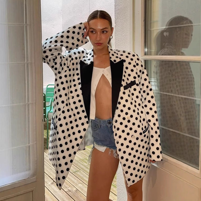 Women's Oversized Polka Dot Blazer with Contrasting Lapels and Boxy Silhouette Mune Fashion
