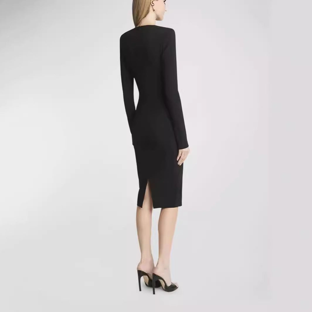 Women's Figure-hugging Midi Dress with Round Neckline and Long Sleeves Mune Fashion