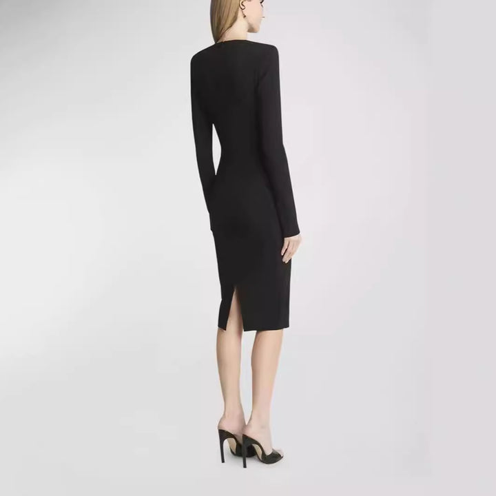 Women's Figure-hugging Midi Dress with Round Neckline and Long Sleeves Mune Fashion