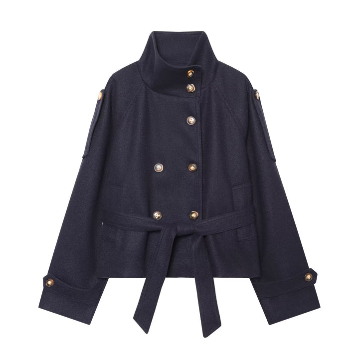Women's short jacket in boxy cut with high standing collar, waist belt and decorative button placket Mune Fashion