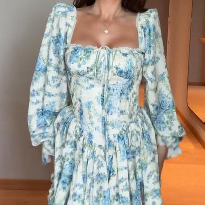 Ladies Corset Mini Dress with Puff Sleeves, Square Neckline and Tiered Ruffle Skirt Mune Fashion