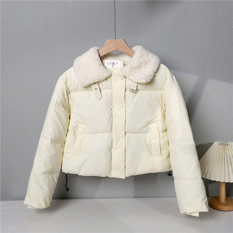 Women's short quilted winter jacket with wide teddy collar and drawstring Mune Fashion