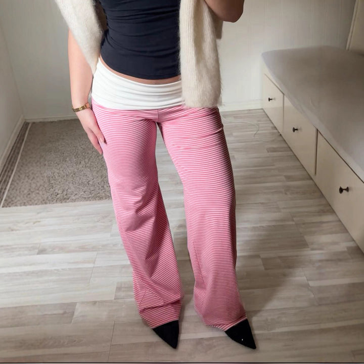 Women's lounge pants with high foldover waistband, wide leg, and fine stripe pattern Mune Fashion