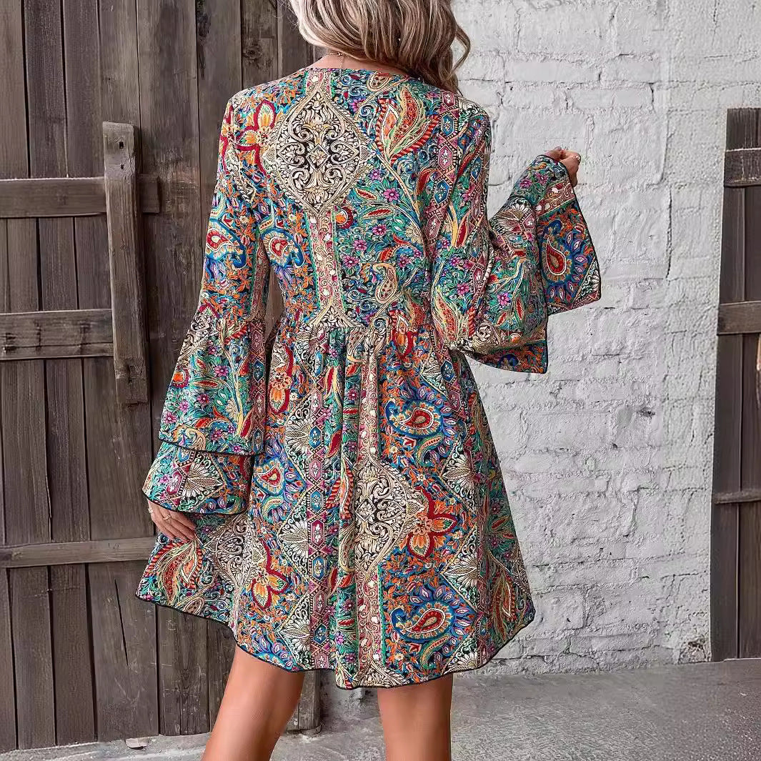Women nan Boho mini dress with deep V-neck, trumpet sleeves and ruched waist Mune Fashion