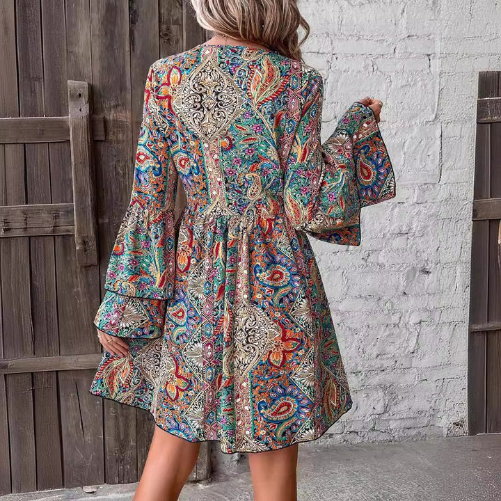 Women nan Boho mini dress with deep V-neck, trumpet sleeves and ruched waist Mune Fashion