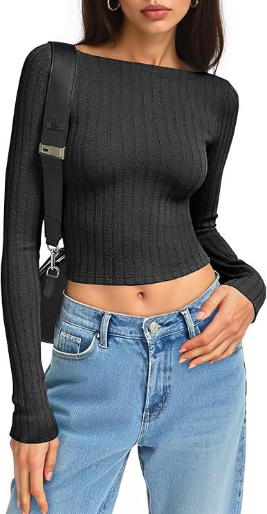 Women's Fitted Ribbed Cropped Long Sleeve with Boat Neck and Stretch Cotton Blend Mune Fashion