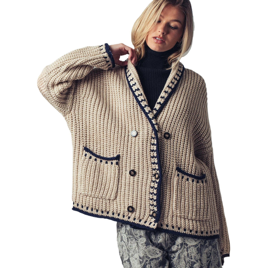 Women's chunky knit cardigan with shawl collar, decorative stripes & patch pockets Mune Fashion