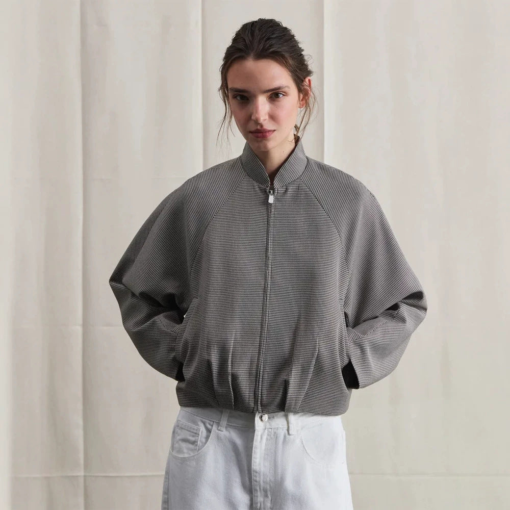 Women's short bomber jacket with raglan sleeves, stand-up collar, and fine houndstooth pattern Mune Fashion